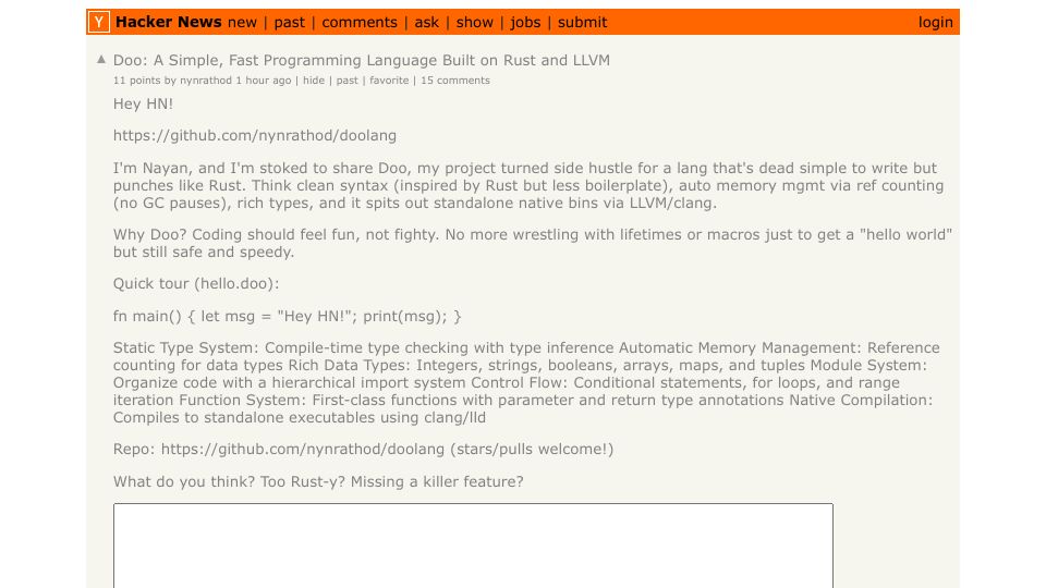 Screenshot of Hacker News post: Doo: A Simple, Fast Programming Language Built on Rust and LLVM