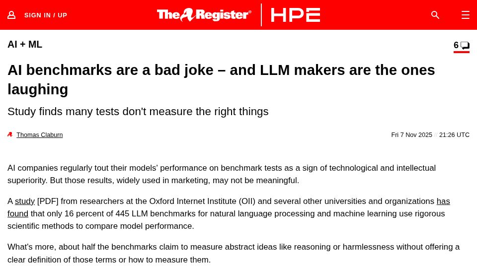 Screenshot of oii.ox.ac.uk: Study identifies weaknesses in how AI systems are evaluated