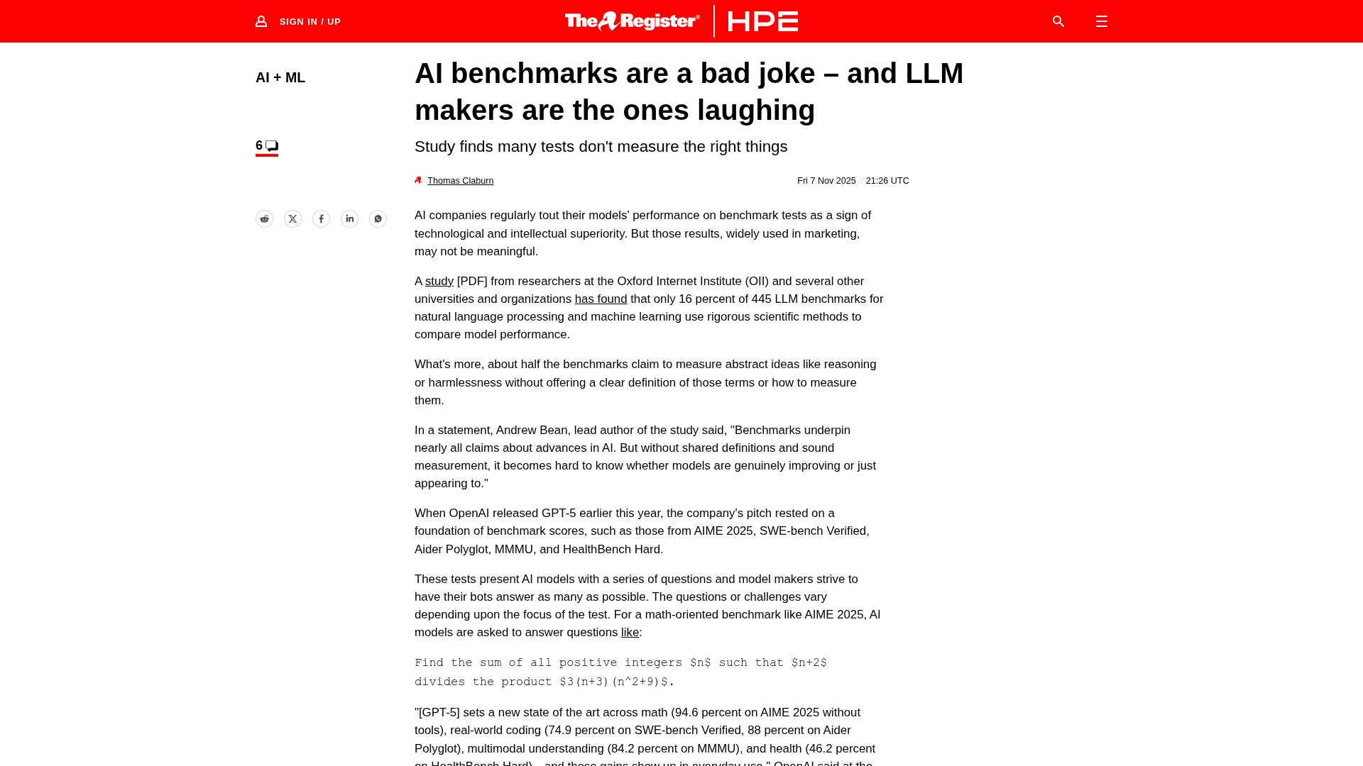 Screenshot of oii.ox.ac.uk: Study identifies weaknesses in how AI systems are evaluated