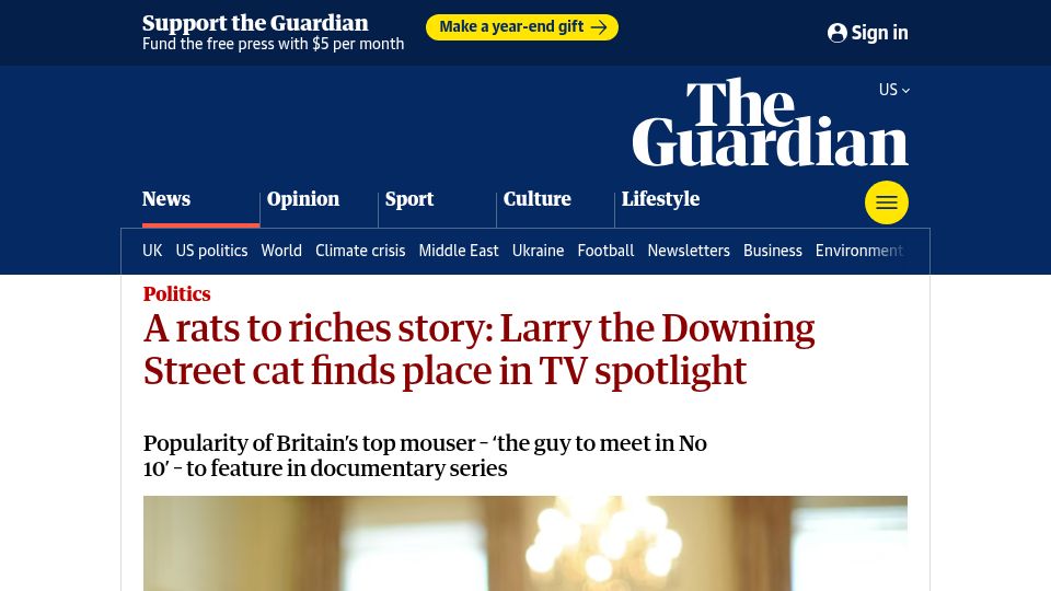 Screenshot of theguardian.com: A rats to riches story: Larry the Downing Street cat finds place in TV spotlight