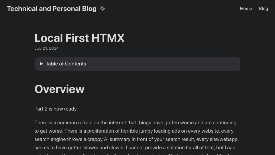 Screenshot of elijahm.com: Local First Htmx
