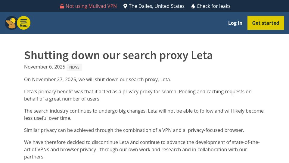 Screenshot of mullvad.net: Mullvad: Shutting down our search proxy Leta