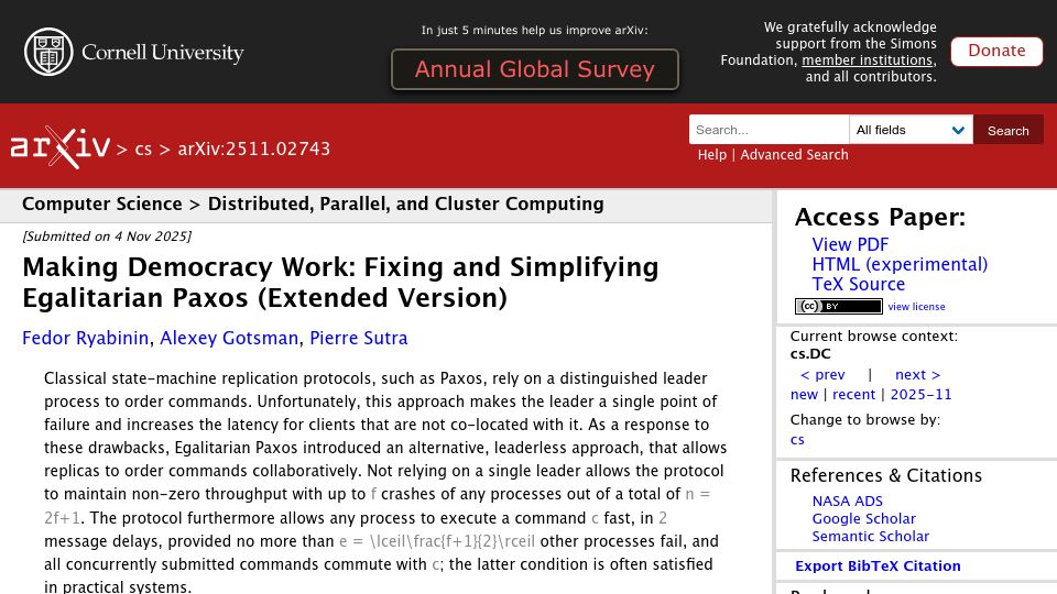 Screenshot of arxiv.org: Making Democracy Work: Fixing and Simplifying Egalitarian Paxos