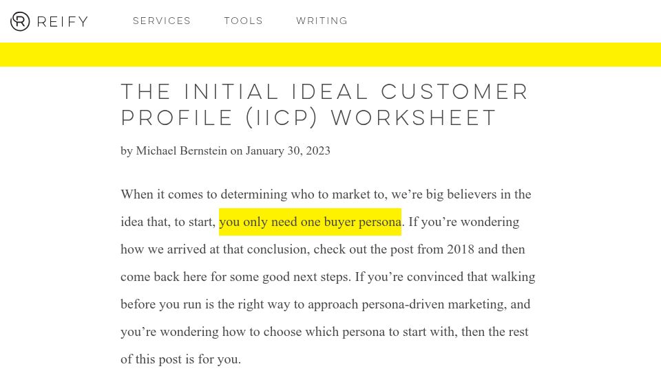 Screenshot of reifyworks.com: The Initial Ideal Customer Profile Worksheet