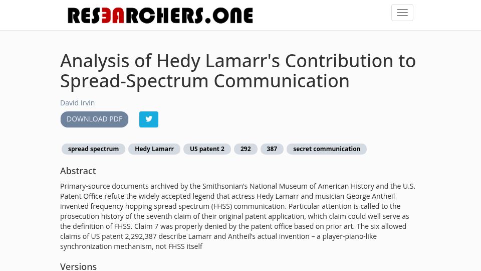 Screenshot of researchers.one: Analysis of Hedy Lamarr's Contribution to Spread-Spectrum Communication
