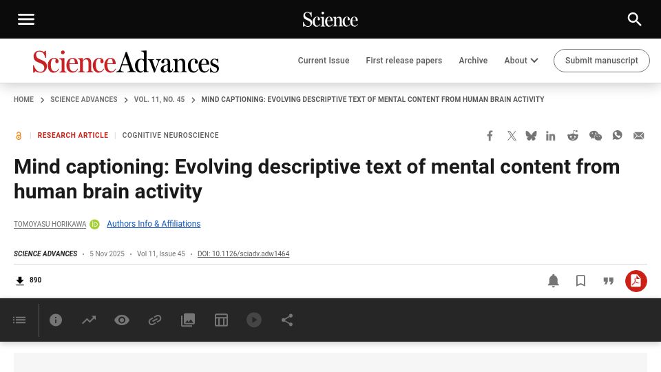 Screenshot of science.org: Mind captioning: Evolving descriptive text of mental content of brain activity