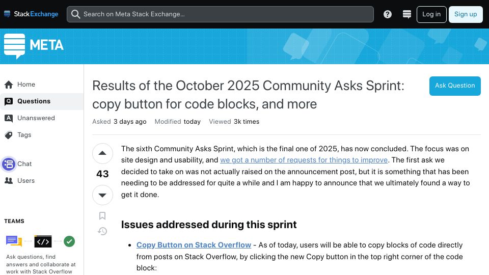 Screenshot of meta.stackexchange.com: Copy button added to Stack Overflow