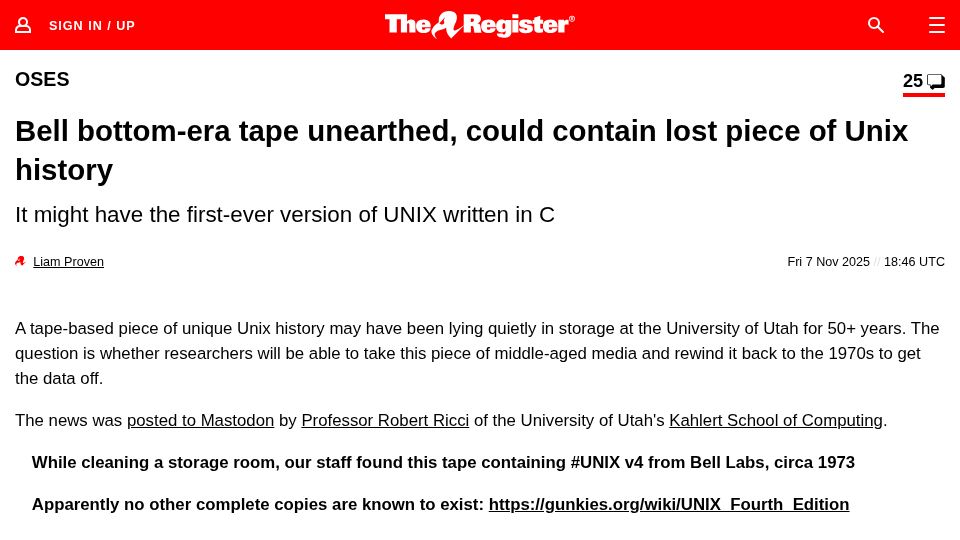Screenshot of theregister.com: 52 Year old data tape could contain Unix history