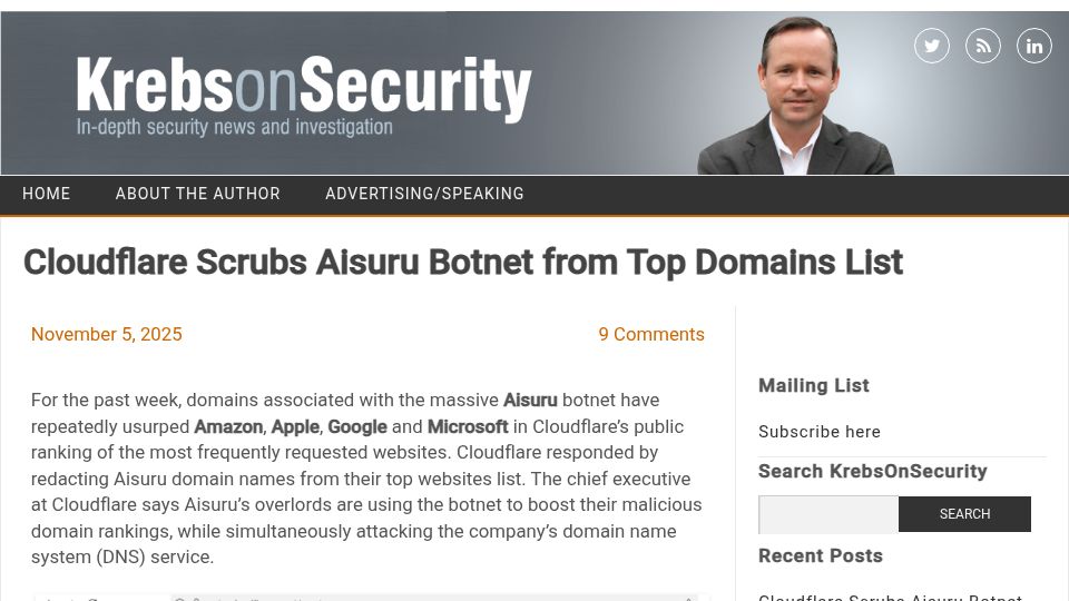 Screenshot of krebsonsecurity.com: Cloudflare scrubs Aisuru botnet from top domains list