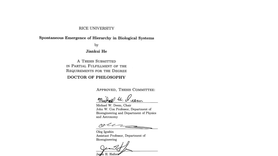 Screenshot of repository.rice.edu: He Jiankui PhD Thesis: Spontaneous Emergence of Hierarchy in Biological Systems (2010)