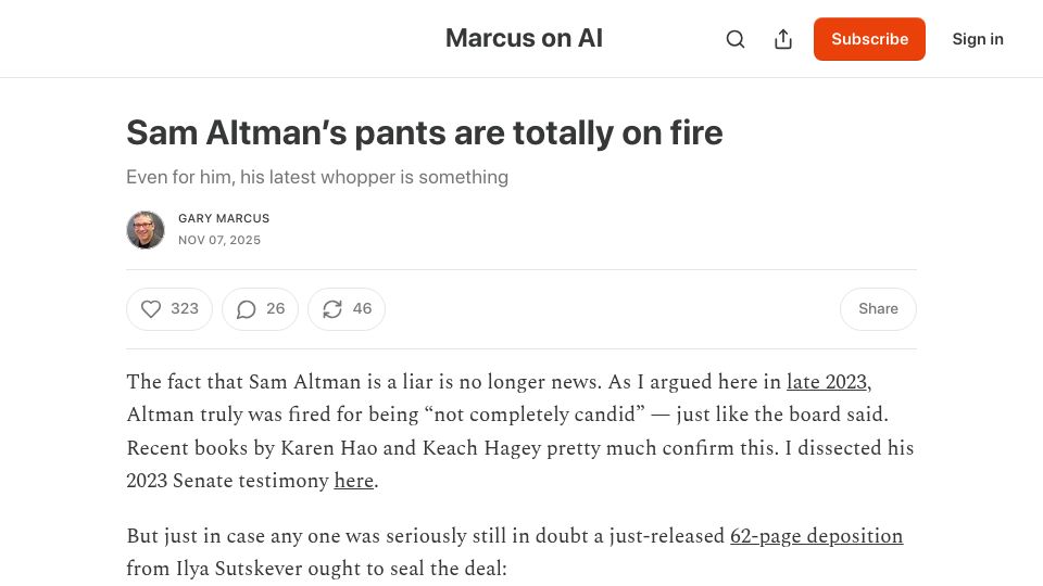 Screenshot of garymarcus.substack.com: Sam Altman's pants are on fire