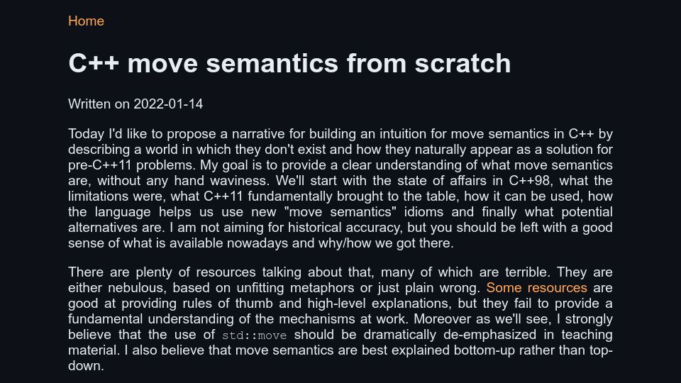 Screenshot of cbarrete.com: C++ move semantics from scratch (2022)