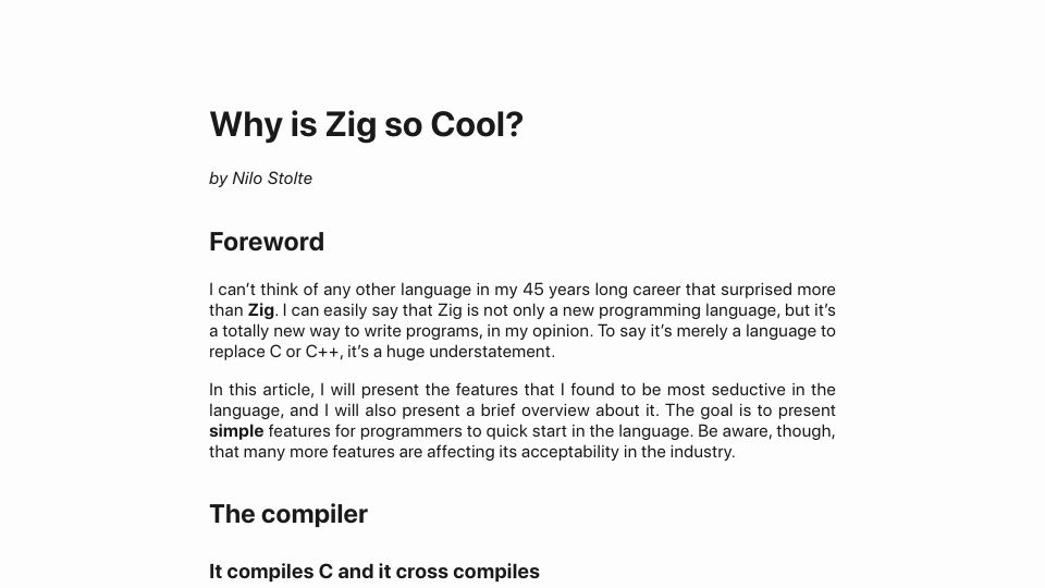 Screenshot of nilostolte.github.io: Why is Zig so cool?