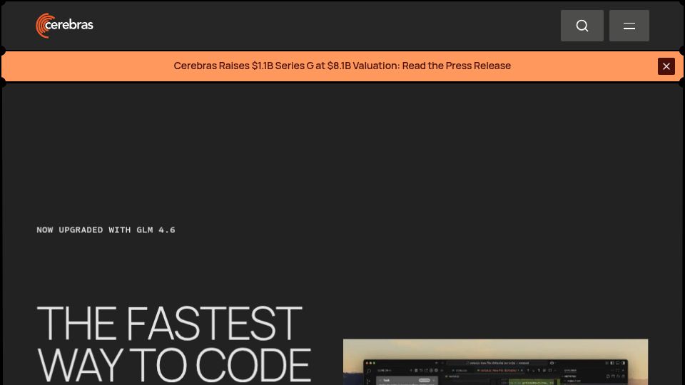 Screenshot of cerebras.ai: Cerebras Code now supports GLM 4.6 at 1000 tokens/sec