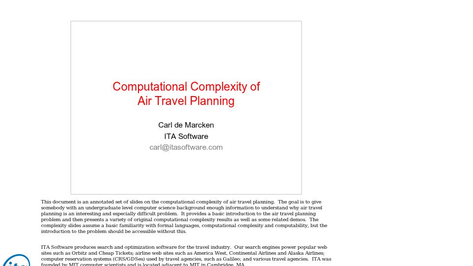 Screenshot of ai.mit.edu: Computational Complexity of Air Travel Planning (2003) [pdf]