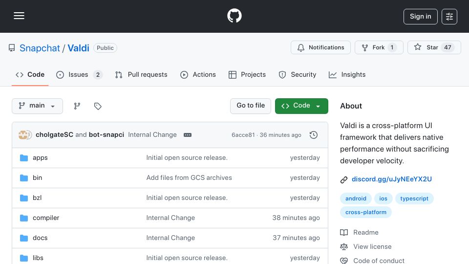 Screenshot of github.com: Valdi – A cross-platform UI framework that delivers native performance