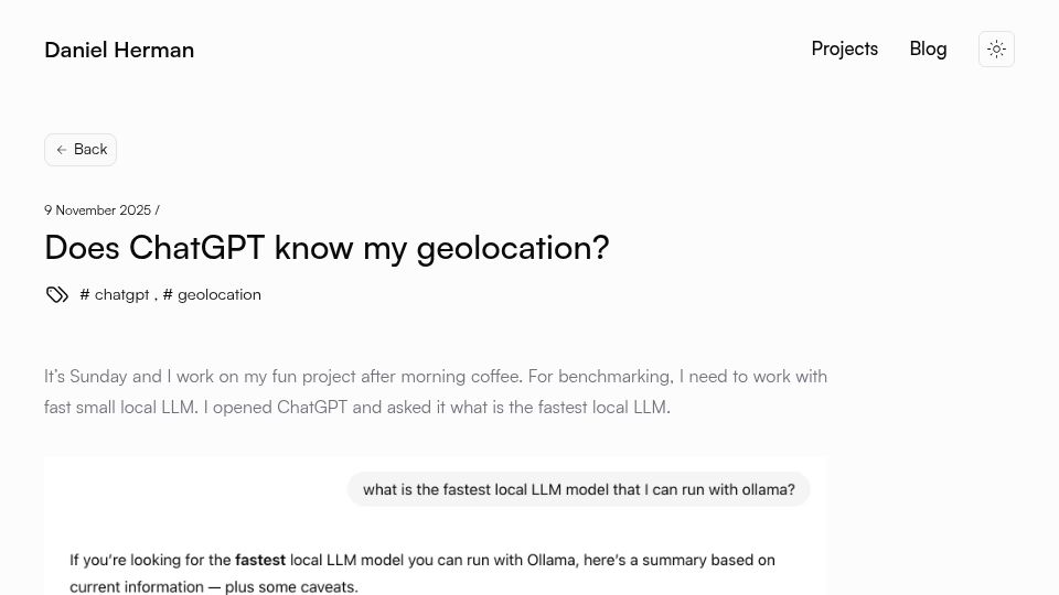 Screenshot of hermandaniel.com: ChatGPT knows my IP geolocation