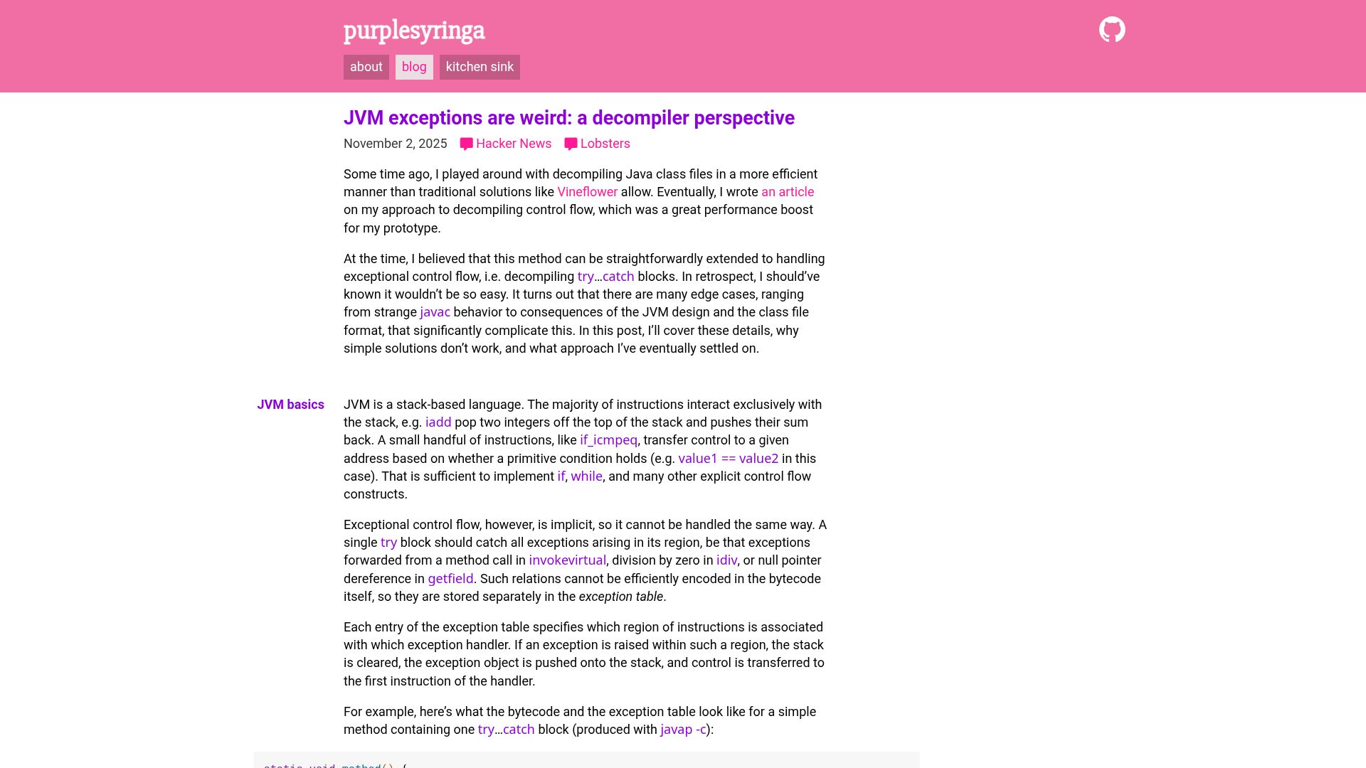 Screenshot of purplesyringa.moe: JVM exceptions are weird: a decompiler perspective