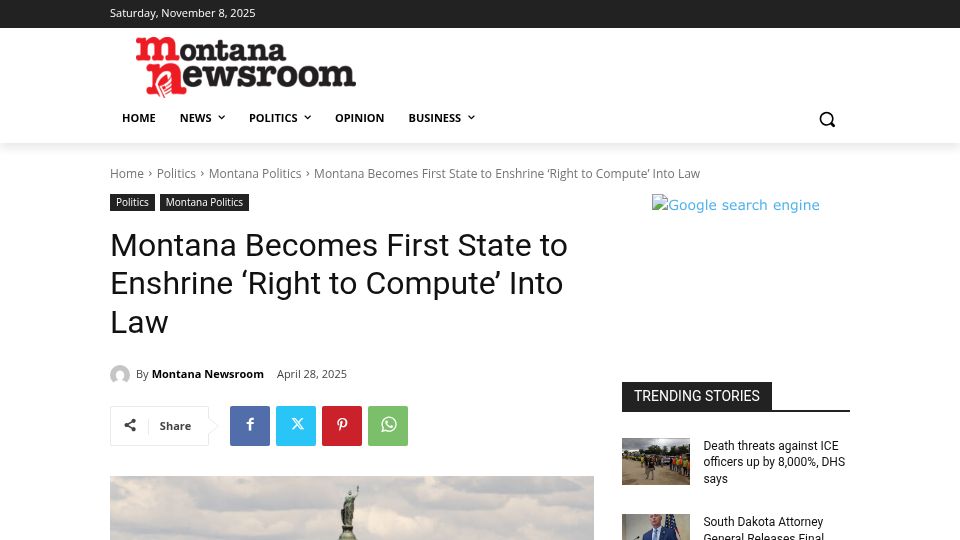 Screenshot of montananewsroom.com: Montana becomes first state to enshrine 'right to compute' into law
