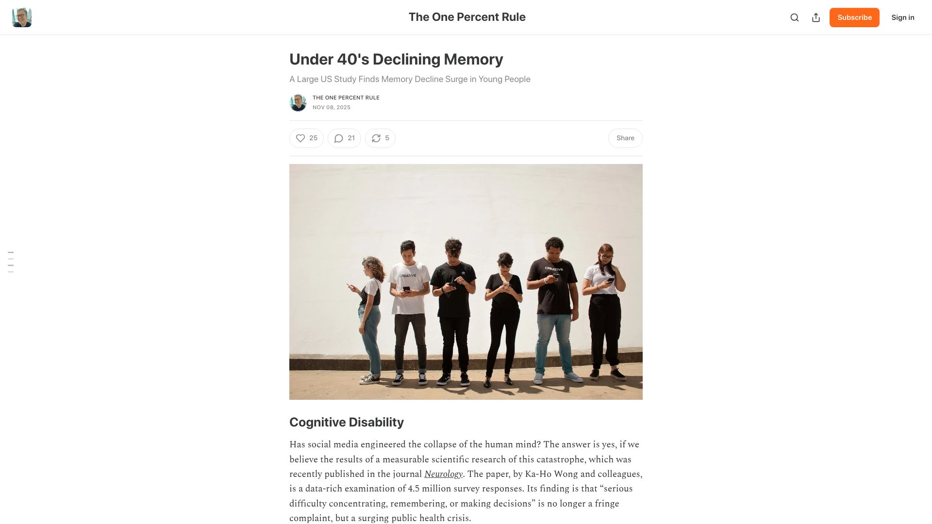 Screenshot of onepercentrule.substack.com: Study finds memory decline surge in young people