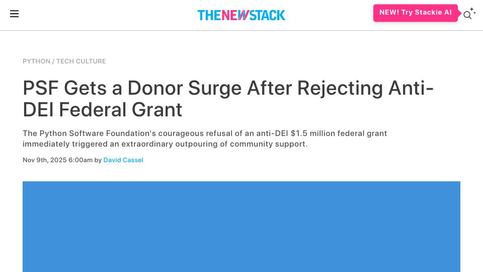 Screenshot of thenewstack.io: Python Software Foundation gets a donor surge after rejecting federal grant
