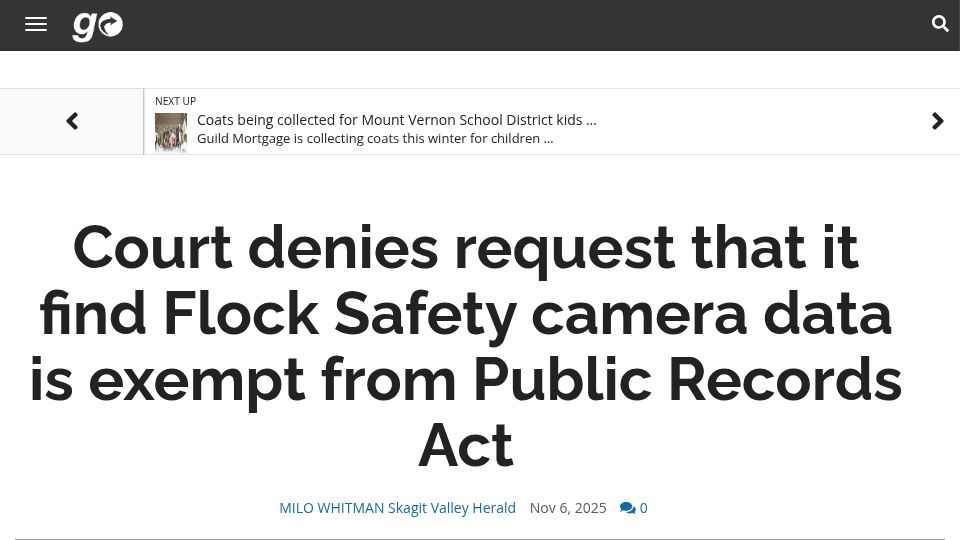 Screenshot of goskagit.com: Judge denies request to exempt Flock footage from Public Records Act