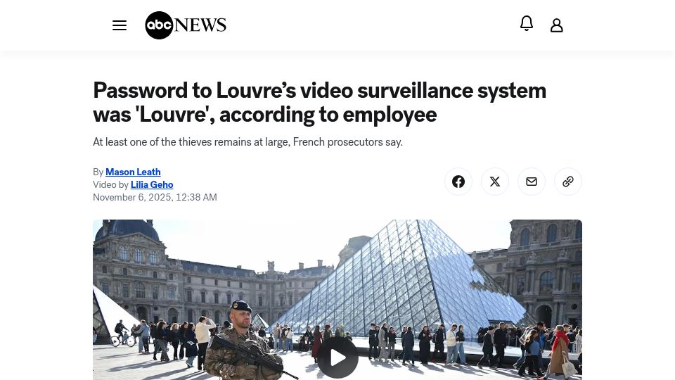 Screenshot of abcnews.go.com: Password to Louvre video surveillance system was 'Louvre', according to employee
