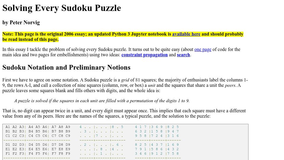 Screenshot of norvig.com: Solving Every Sudoku Puzzle (2006)