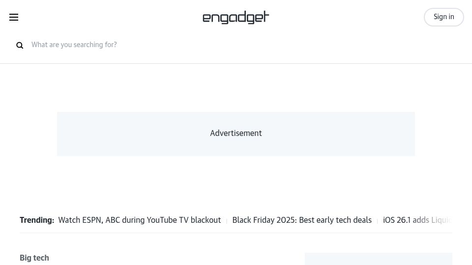 Screenshot of engadget.com: Lisbon Airport is turning away private jets inbound for the Web Summit
