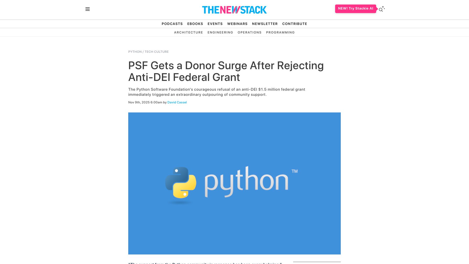 Screenshot of thenewstack.io: Python Software Foundation gets a donor surge after rejecting federal grant