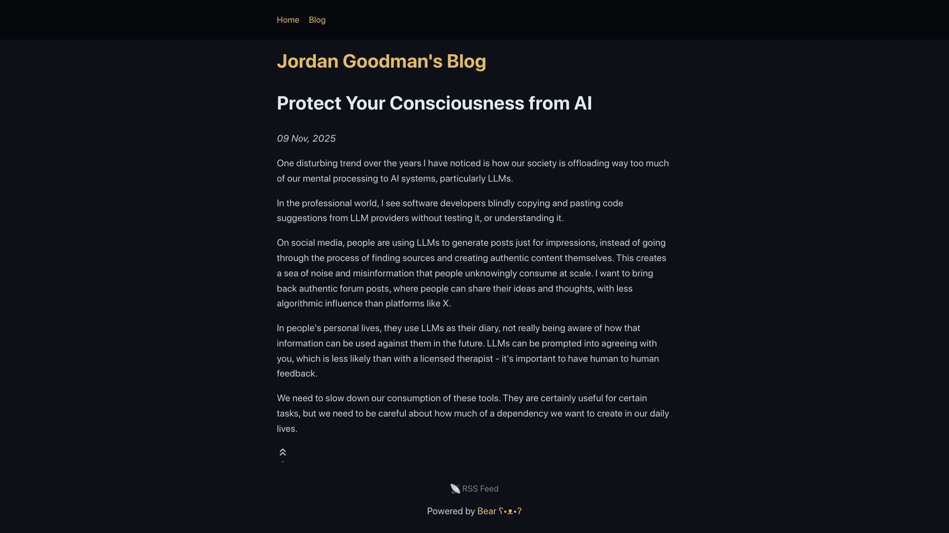Screenshot of jordangoodman.bearblog.dev: Protect Your Consciousness from AI