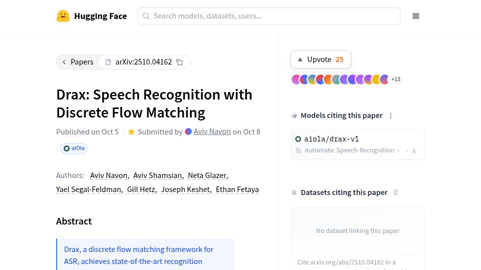 Screenshot of huggingface.co: Drax: Speech Recognition with Discrete Flow Matching