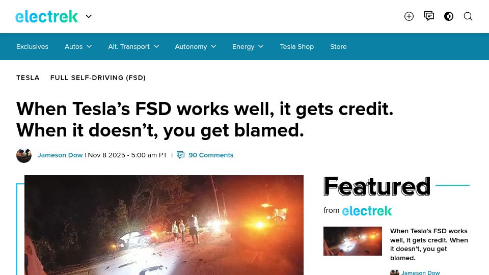 Screenshot of electrek.co: When Tesla's FSD works well, it gets credit. When it doesn't, you get blamed