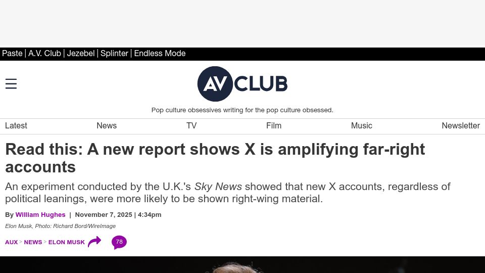 Screenshot of avclub.com: X is amplifying far-right accounts