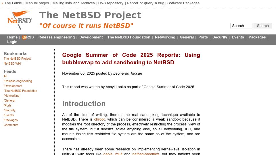 Screenshot of blog.netbsd.org: Using bubblewrap to add sandboxing to NetBSD