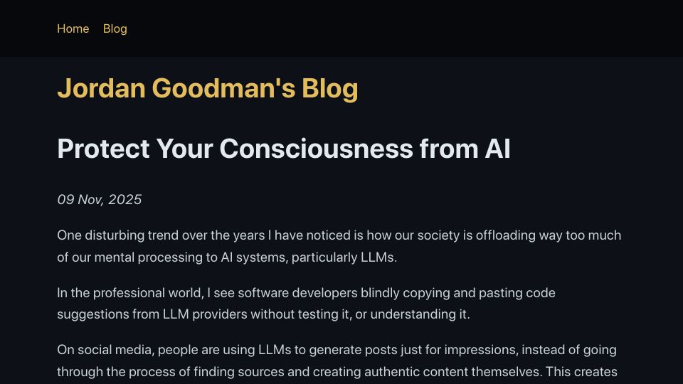 Screenshot of jordangoodman.bearblog.dev: Protect Your Consciousness from AI