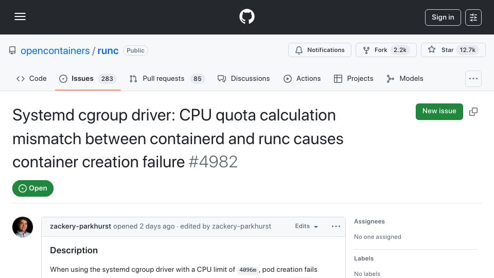 Screenshot of github.com: Runc breaks pods when CPU requests aren't multiples of 10