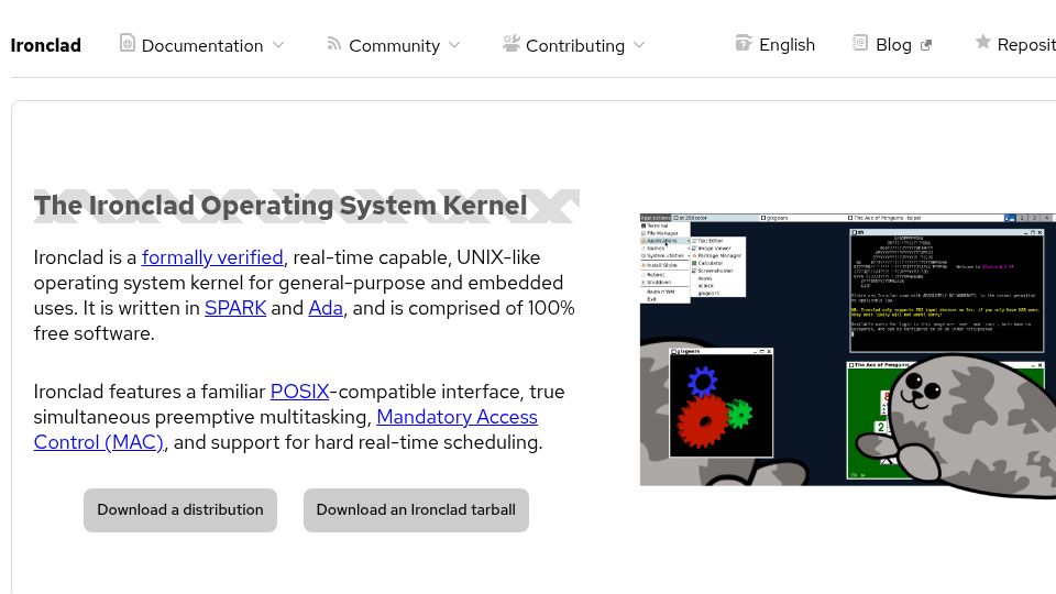Screenshot of ironclad-os.org: Ironclad – formally verified, real-time capable, Unix-like OS kernel