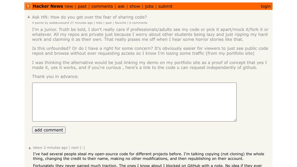 Screenshot of Hacker News post: Ask HN: How do you get over the fear of sharing code?