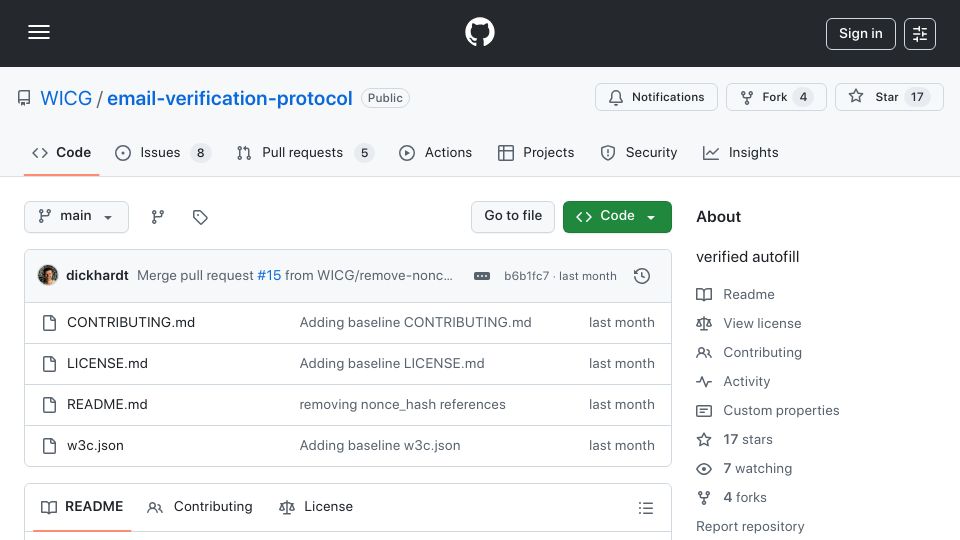Screenshot of github.com: Email verification protocol