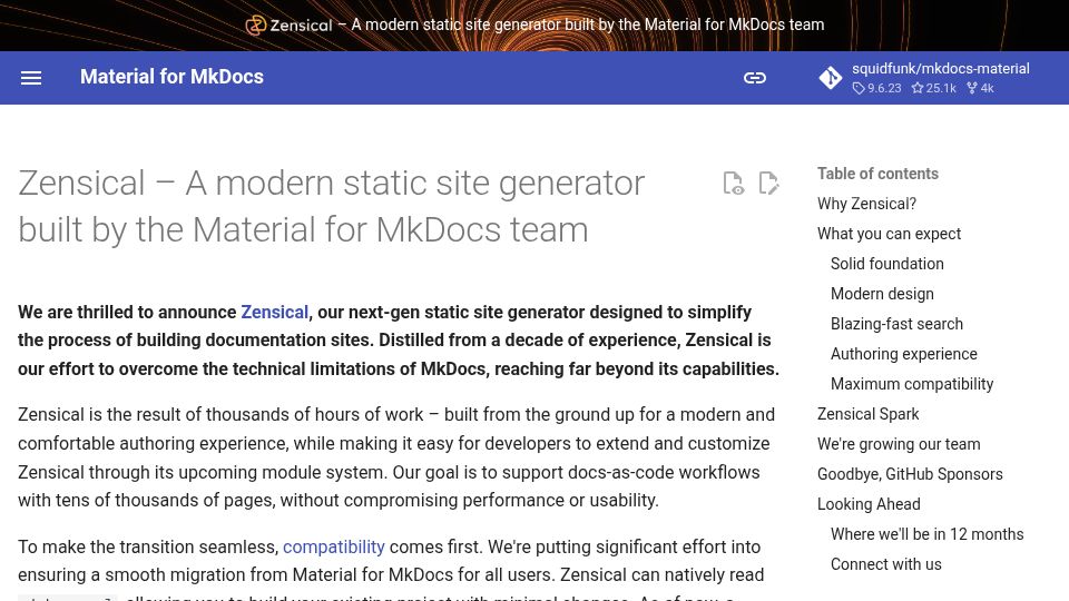 Screenshot of squidfunk.github.io: Zensical – A modern static site generator built by the Material for MkDocs team