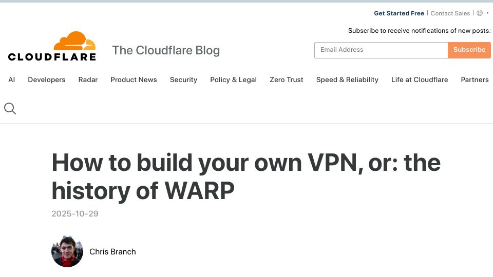 Screenshot of blog.cloudflare.com: How to build your own VPN, or: the history of WARP