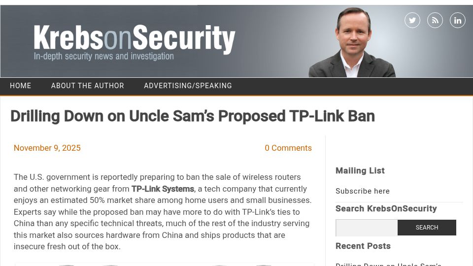 Screenshot of krebsonsecurity.com: Drilling down on Uncle Sam's proposed TP-Link ban