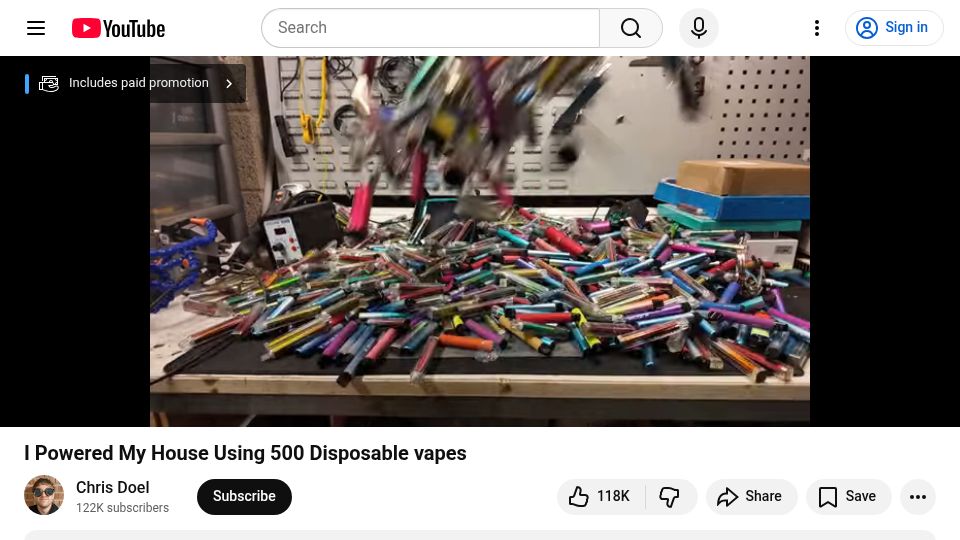 Screenshot of youtube.com: Building a 2.5kWh battery from disposable vapes to power my workshop [video]
