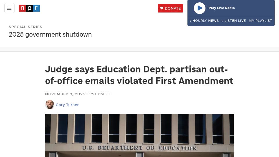 Screenshot of npr.org: Judge says Education Dept partisan out-of-office emails violated First Amendment
