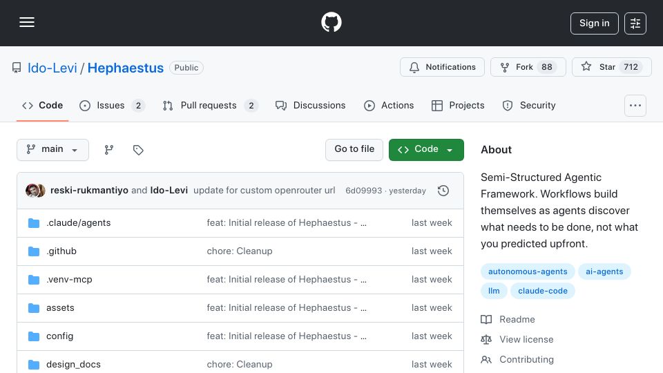 Screenshot of github.com: Show HN: Hephaestus – Autonomous Multi-Agent Orchestration Framework
