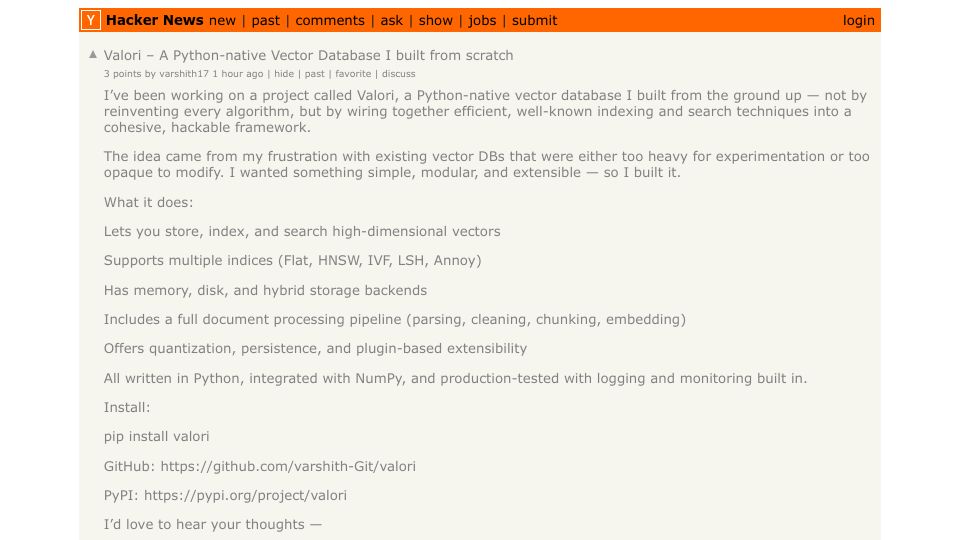 Screenshot of Hacker News post: Valori – A Python-native Vector Database I built from scratch