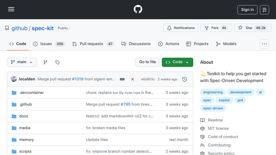 Screenshot of github.com: Toolkit to help you get started with Spec-Driven Development