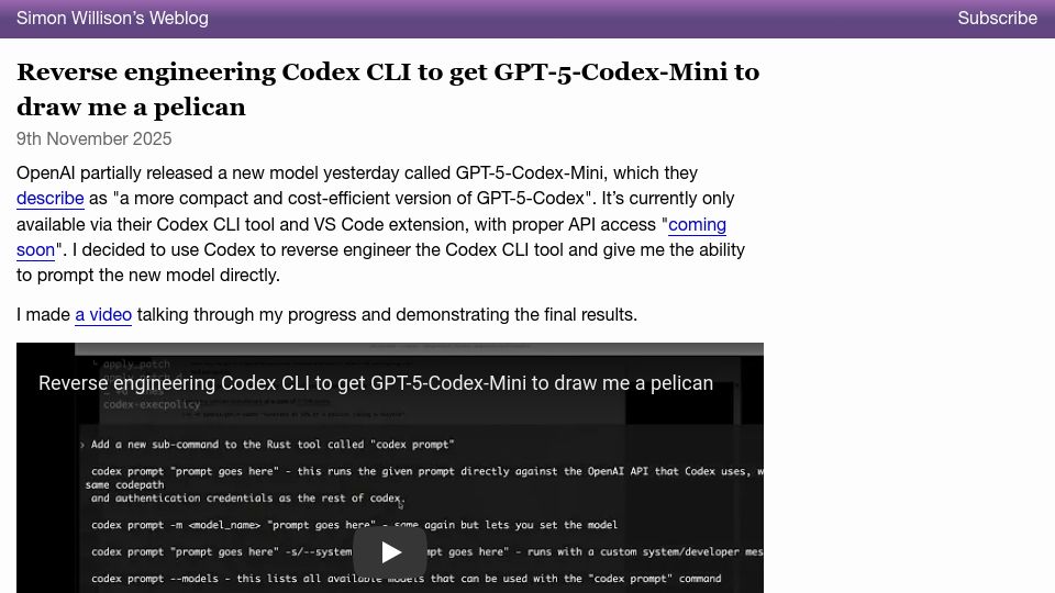 Screenshot of simonwillison.net: Reverse engineering Codex CLI to get GPT-5-Codex-Mini to draw me a pelican