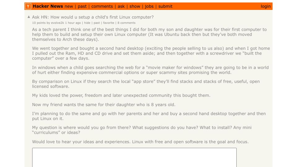 Screenshot of Hacker News post: Ask HN: How would you set up a child’s first Linux computer?
